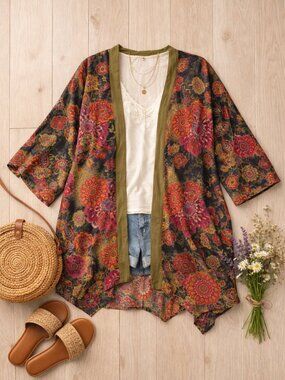Floral Cardig -Made In USA- 3X Open Front Kimono Boho Western Cottage Festival